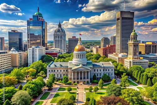 A majestic statehouse building stands tall, surrounded by lush greenery and modern skyscrapers, with a vibrant street scene unfolding below.