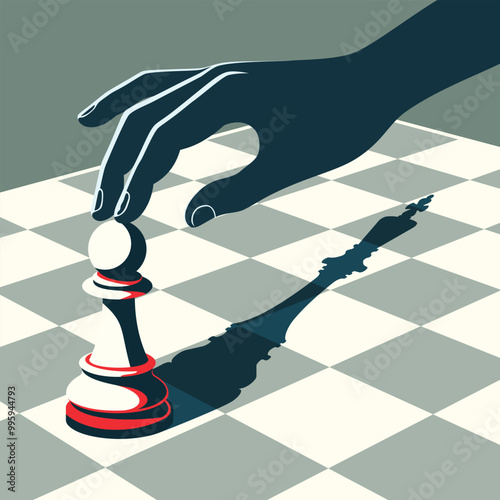 Hand placing a chess piece, shadow on the board, strategy, chess, minimalism, flat illustration, tournament.