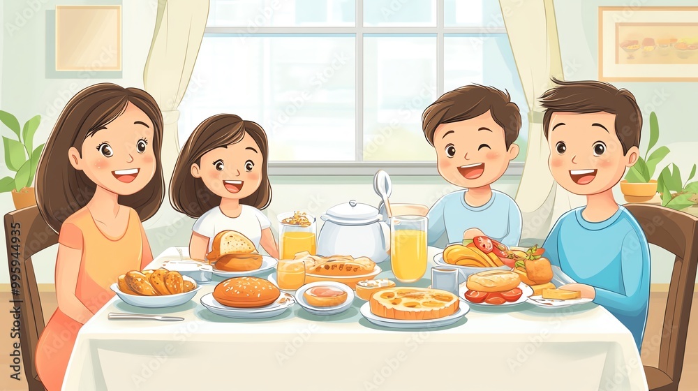 A happy family enjoying a delicious meal together at a cozy dining table filled with various dishes and drinks. A happy family enjoying a delicious meal together at a cozy dining table filled with various dishes and drinks.