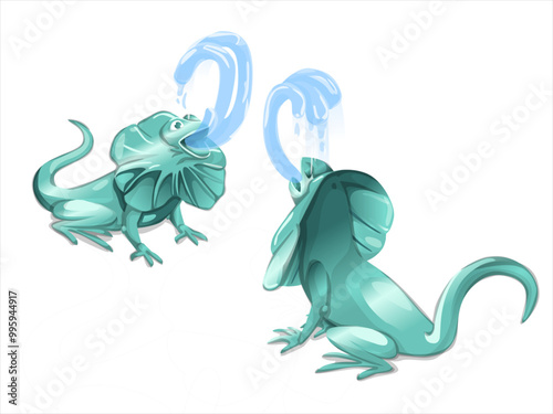 Sculpture and fountain in the form of a Cartoon iguana lizard for landscape design. Vector illustration. Marble fountain decorated with reptiles figures. Copper blue green statue.