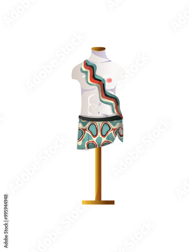 The mannequin with loincloth colored picasso beetle, a beautiful beetle with an ornament. A model for designer clothes. Costume for fantasy character. Dress mockup. Male clothes with pattern print. 