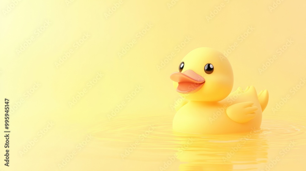 A cute cartoon duck swimming, isolated on a soft pastel yellow background