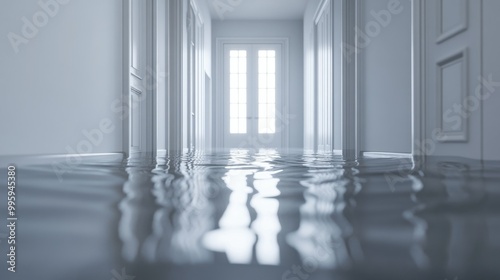 Flooded hallway with water damage visible on the walls, a visual representation of indoor flooding.