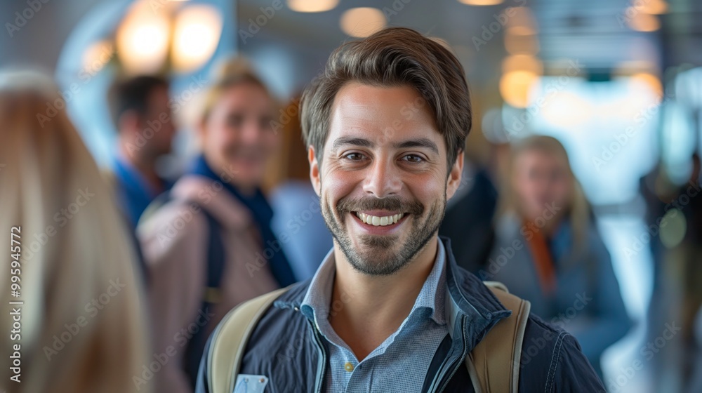 A cheerful man with a backpack smiles at the camera indoors, with a blurred crowd in the background. A cheerful man with a backpack smiles at the camera indoors, with a blurred crowd in the background.