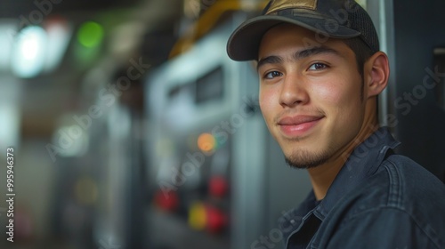 A man with a cap smiles in a blurred industrial background, conveying a friendly and cheerful demeanor.