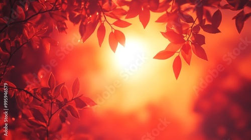 A background with shades of red and orange, like a sunset, with autumn leaves around it. photo