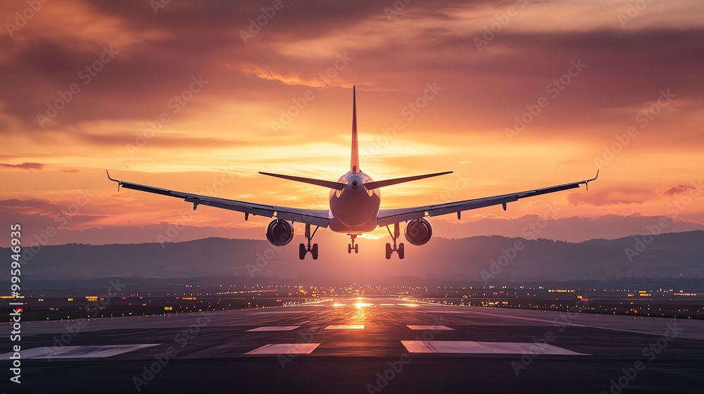 A plane lands on a runway at sunset. A plane lands on a runway at sunset.