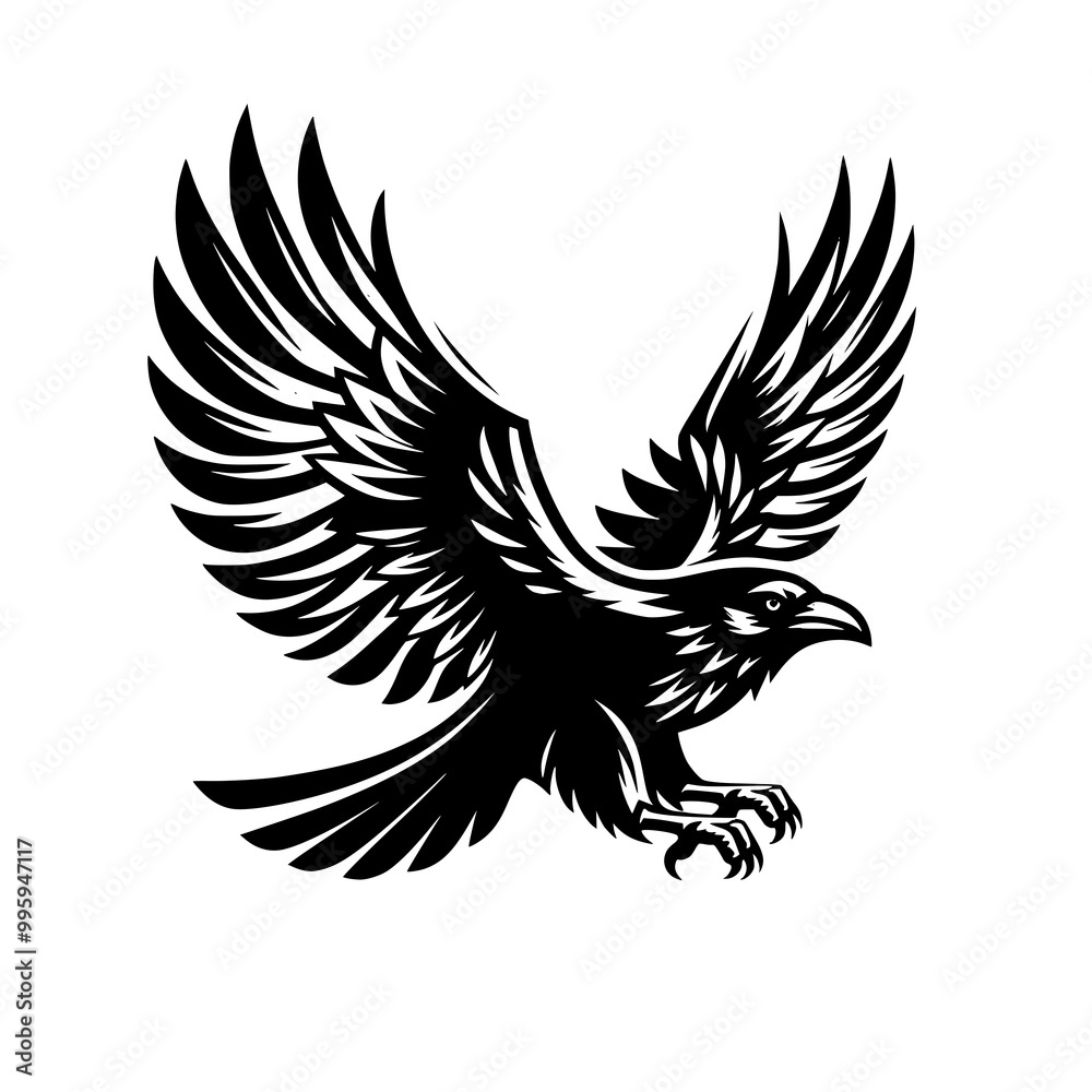 Vector logo of a flying raven. black and white illustration of a crow isolated on white background. can be used as a tattoo, emblem, logo. Vector logo of a flying raven. black and white illustration of a crow isolated on white background. can be used as a tattoo, emblem, logo.