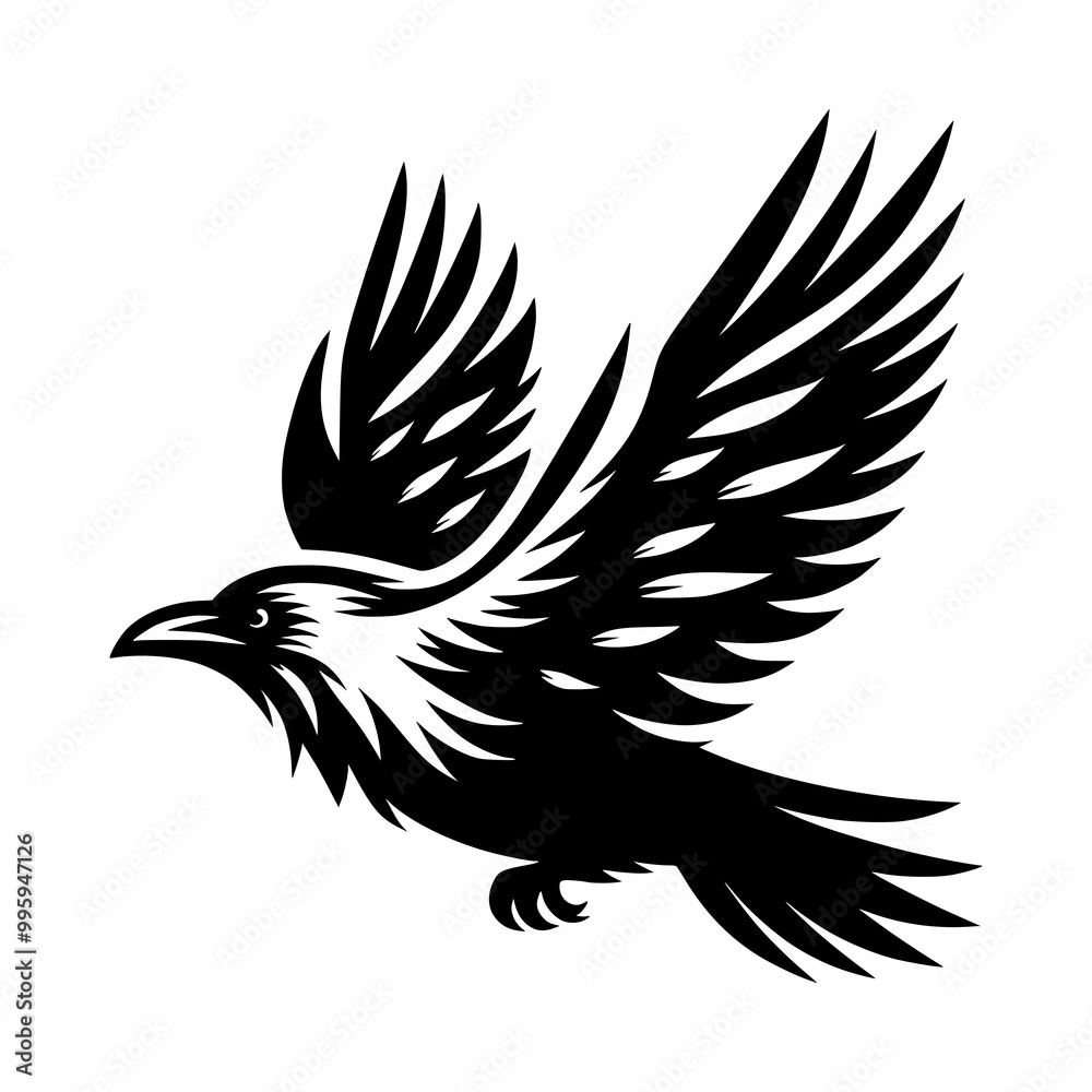 Obraz premium Vector logo of a flying raven. black and white illustration of a crow isolated on white background. can be used as a tattoo, emblem, logo.