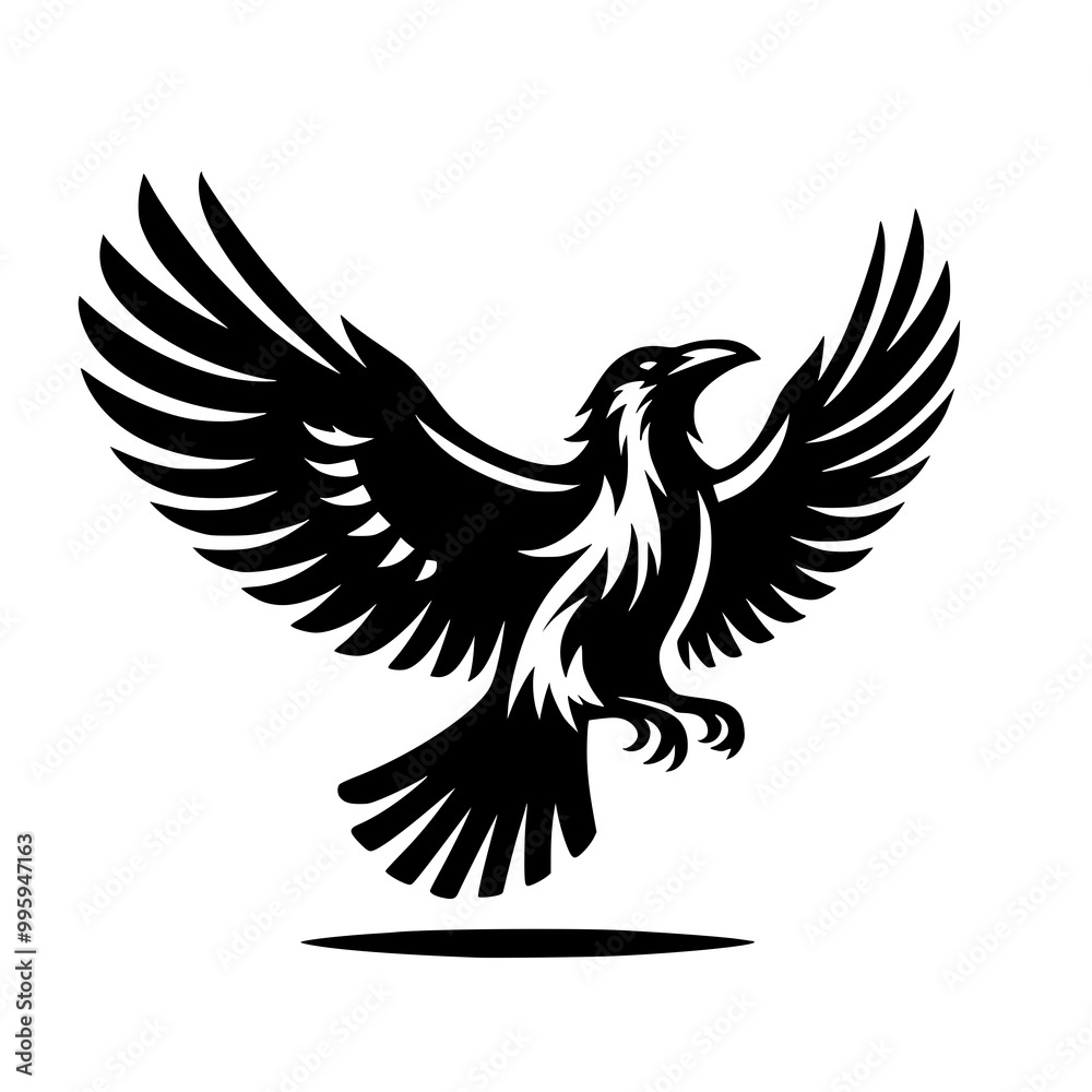 Vector logo of a flying raven. black and white illustration of a crow isolated on white background. can be used as a tattoo, emblem, logo. Vector logo of a flying raven. black and white illustration of a crow isolated on white background. can be used as a tattoo, emblem, logo.