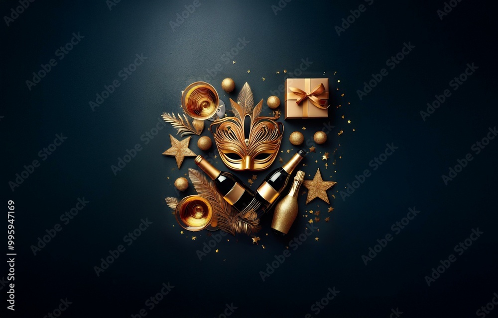 Golden decorations with a champagne glass, bottles, and a mask on a dark blue background. Golden decorations with a champagne glass, bottles, and a mask on a dark blue background.