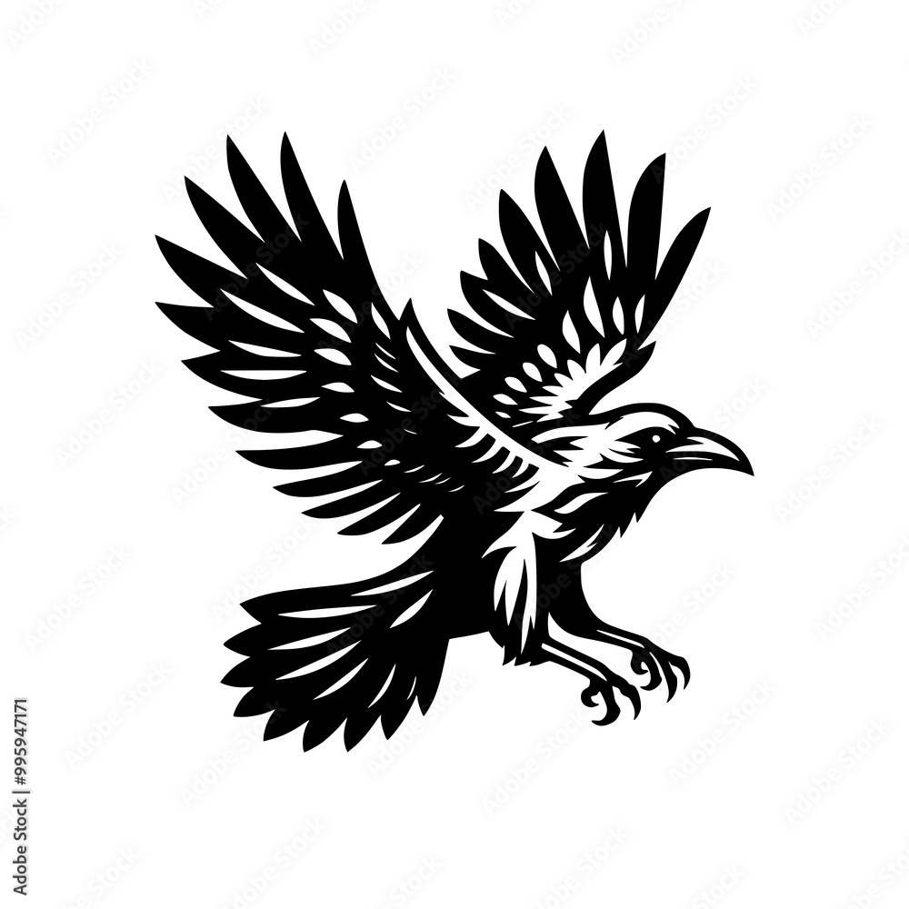 Obraz premium Vector logo of a flying raven. black and white illustration of a crow isolated on white background. can be used as a tattoo, emblem, logo.