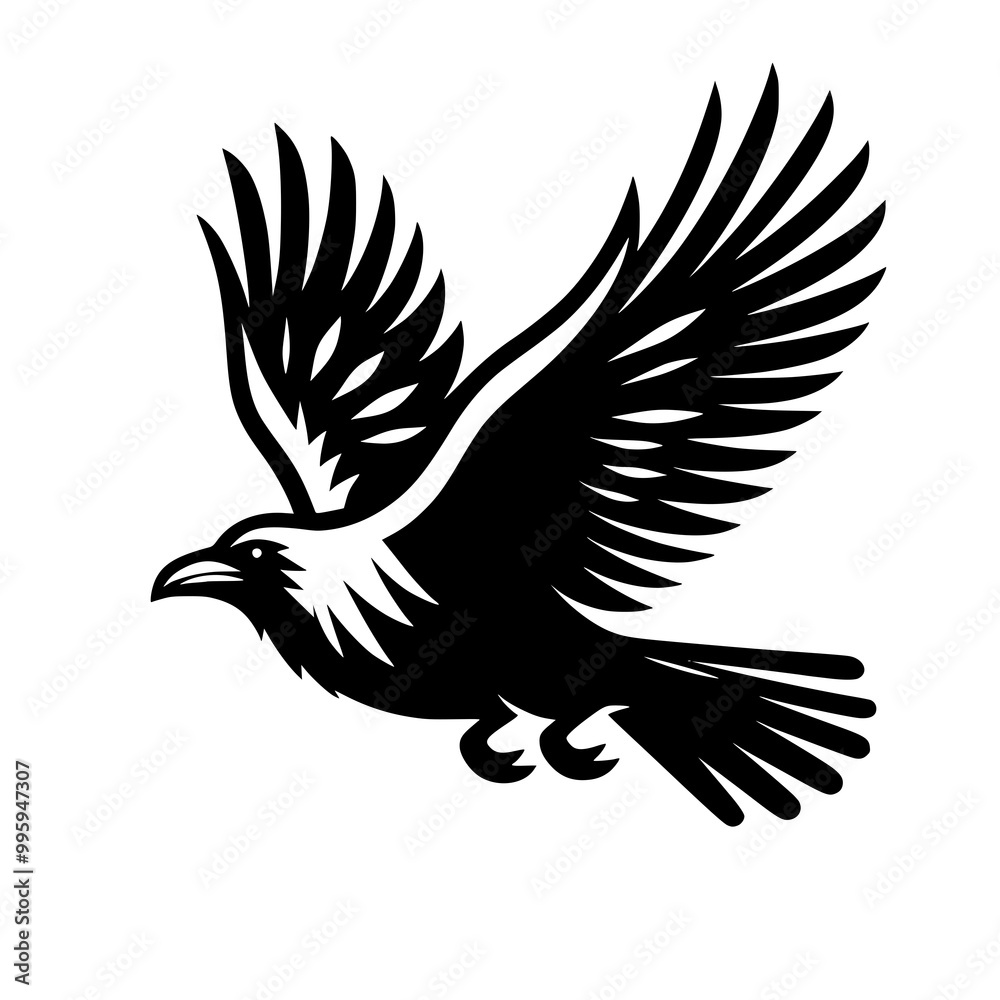 Obraz premium Vector logo of a flying raven. black and white illustration of a crow isolated on white background. can be used as a tattoo, emblem, logo.