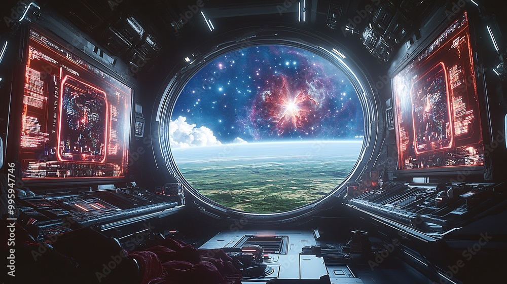 inside a huge spaceship, in an open field with huge holographic screens on both sides and a circular window in the background, inside a huge spaceship, in an open field with huge holographic screens on both sides and a circular window in the background,