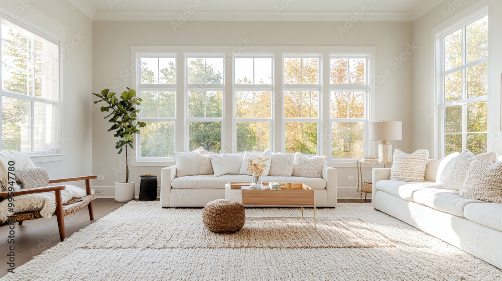 Fototapeta premium A bright and airy living room featuring large windows that let in natural light, cozy sofa, and stylish coffee table. space is adorned with plants and soft textures, creating warm atmosphere