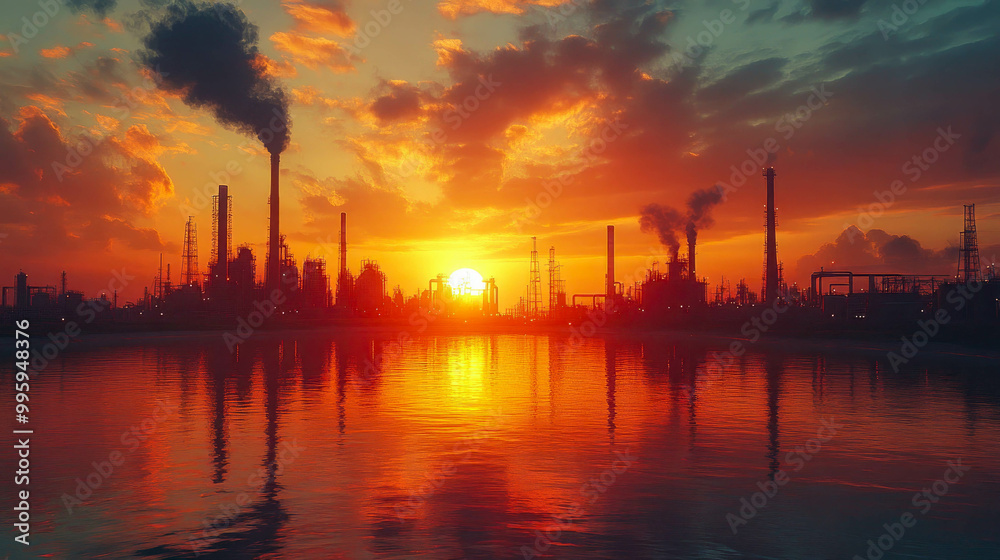 A dramatic sunset behind an industrial plant with smoke rising, reflecting on the calm water below A dramatic sunset behind an industrial plant with smoke rising, reflecting on the calm water below