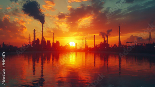 A dramatic sunset behind an industrial plant with smoke rising, reflecting on the calm water below