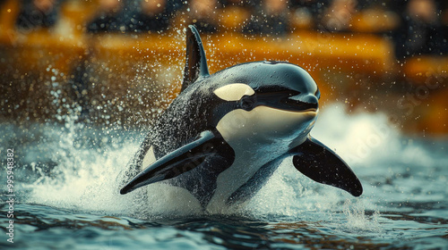 An orca performs an impressive jump in a marine show, splashing water around, as the audience watches in awe under the bright sunlight