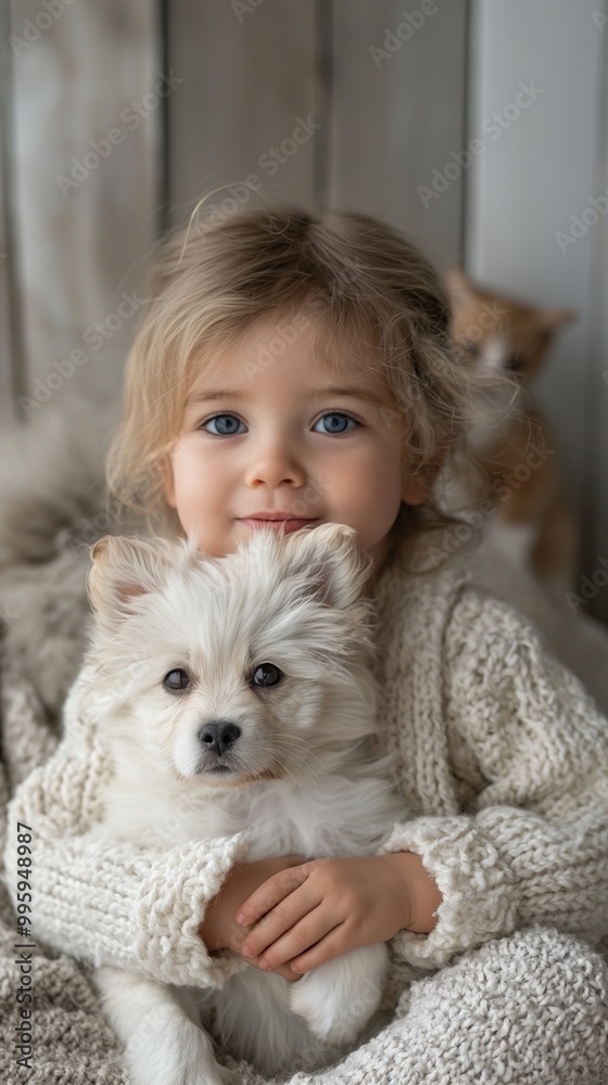 A smiling child in a knitted sweater embraces a fuzzy puppy, both exuding warmth and joy. A smiling child in a knitted sweater embraces a fuzzy puppy, both exuding warmth and joy.