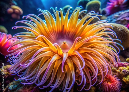 A rainbow-hued sea anemone undulates softly, its delicate tendrils snatching unsuspecting morsels from the water's flow. photo