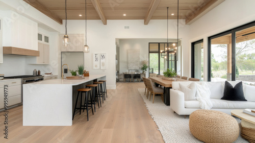 Modern kitchen and living room with open layout, featuring large island, stylish bar stools, and natural light streaming through large windows. decor is minimalistic yet inviting, creating warm atmosp