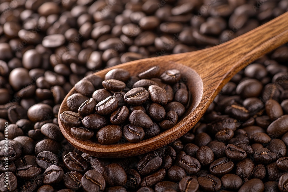 Fototapeta premium Coffee beans in a wooden spoon on a background of coffee beans wth generative ai