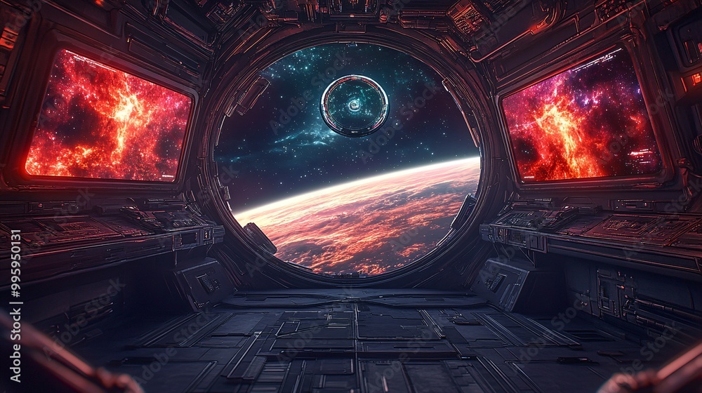 inside a huge spaceship, in an open field with huge holographic screens on both sides and a circular window in the background, inside a huge spaceship, in an open field with huge holographic screens on both sides and a circular window in the background,