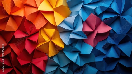 Colorful origami paper flowers in red, orange, yellow, blue, and pink create a textured background.