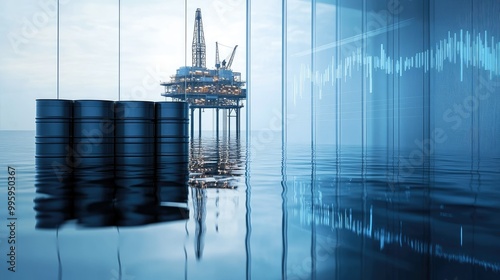 Oil barrels and stock graph with oil rig in the distance, representing changes in oil stocks. photo