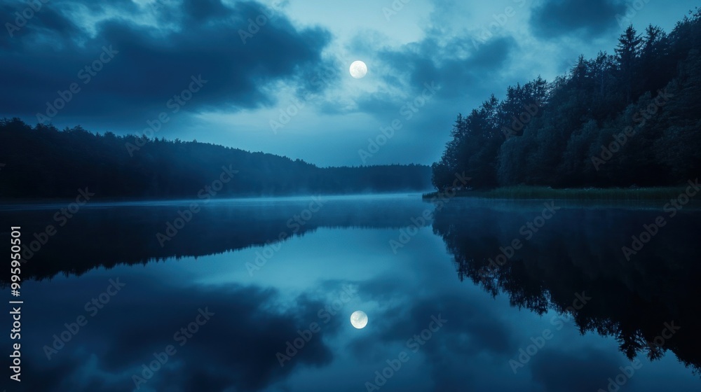Serene Nighttime Landscape with a Full Moon Reflected in a Still Lake Serene Nighttime Landscape with a Full Moon Reflected in a Still Lake