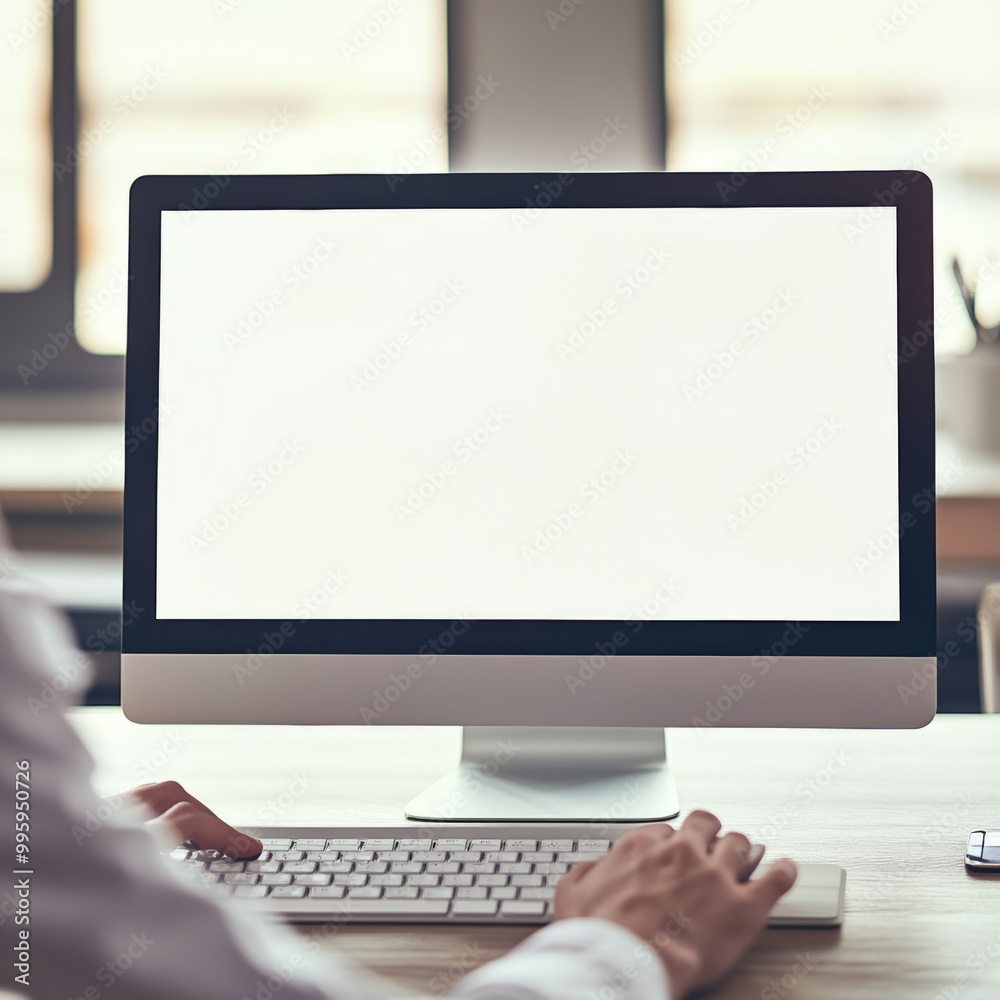 A person is working on computer with blank screen, showcasing modern workspace filled with natural light. scene conveys sense of productivity and focus