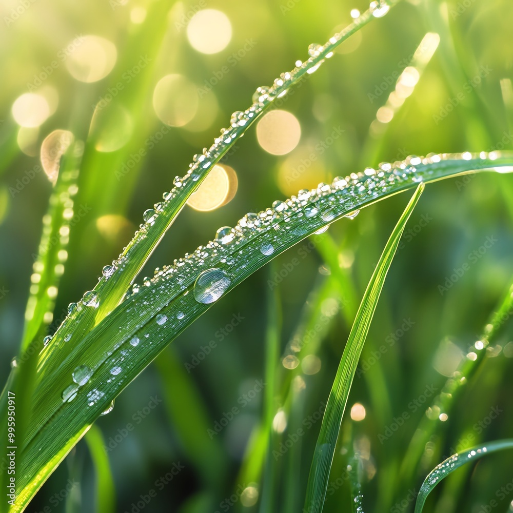 Naklejka premium A close-up view of dew-covered grass blades glistening in sunlight, showcasing nature's beauty and freshness.