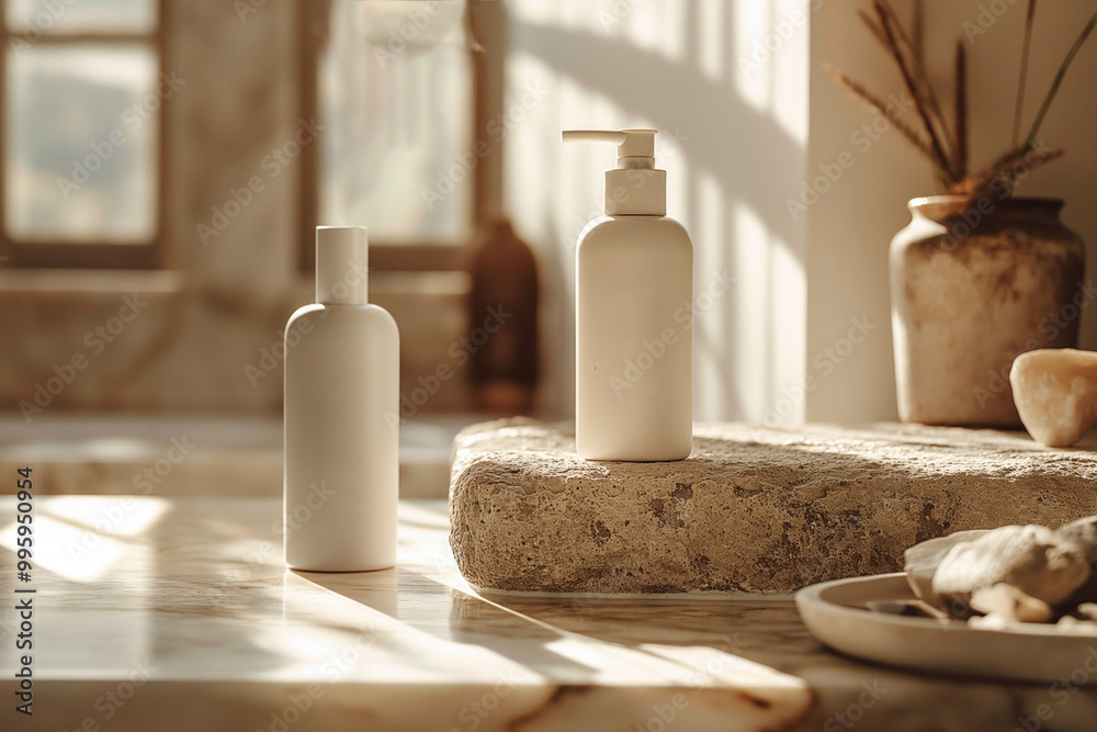 Minimalist bathroom with two white cosmetic bottles on a marble countertop under warm natural light. Minimalist bathroom with two white cosmetic bottles on a marble countertop under warm natural light.