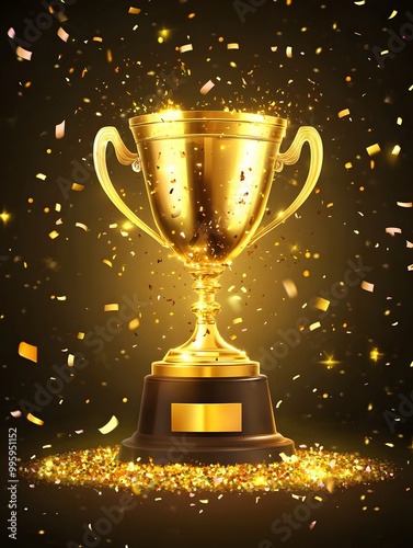 Golden Trophy on Pedestal Surrounded by Confetti