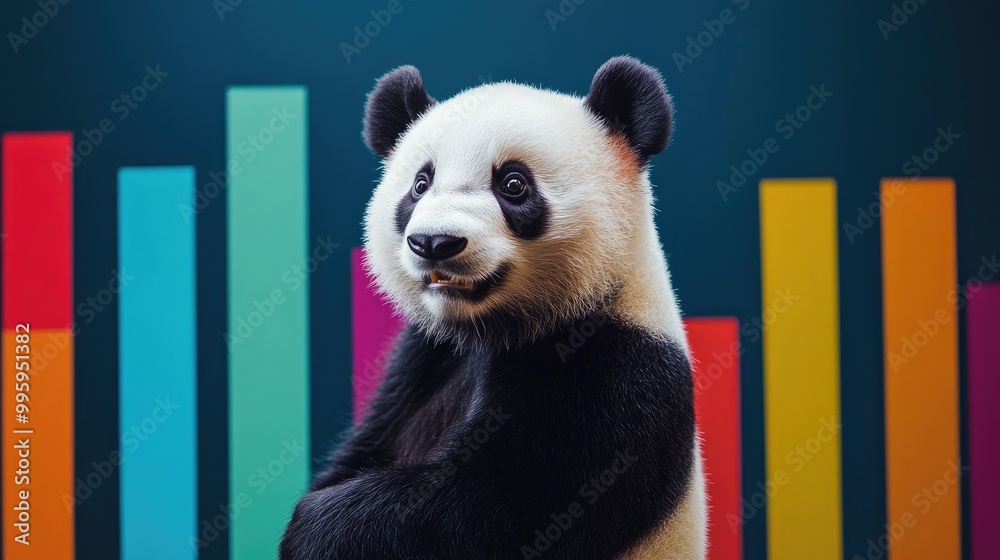 Panda bear interacting with vibrant bar charts, visualizing data ...