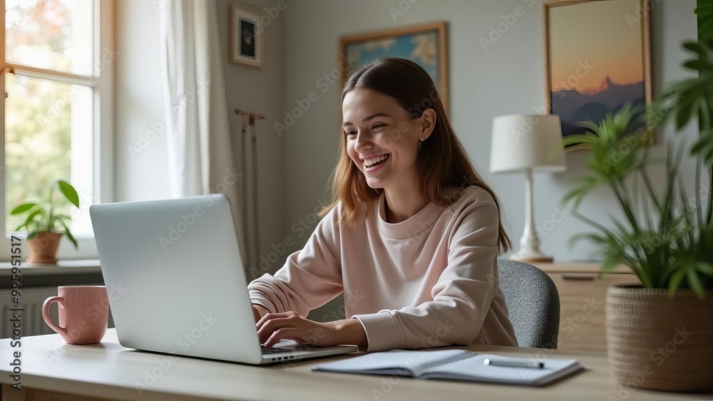 Young Woman Using Laptop: Focused Professional Working on Computer in Bright Home Office for Remote Job or Online Study Young Woman Using Laptop: Focused Professional Working on Computer in Bright Home Office for Remote Job or Online Study