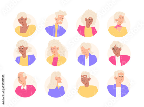 Set of portraits of different elderly people for user icons