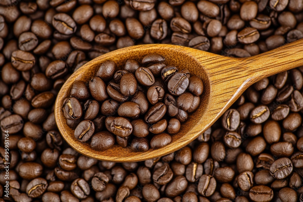 Coffee beans in a wooden spoon on a background of coffee beans wth generative ai Coffee beans in a wooden spoon on a background of coffee beans wth generative ai