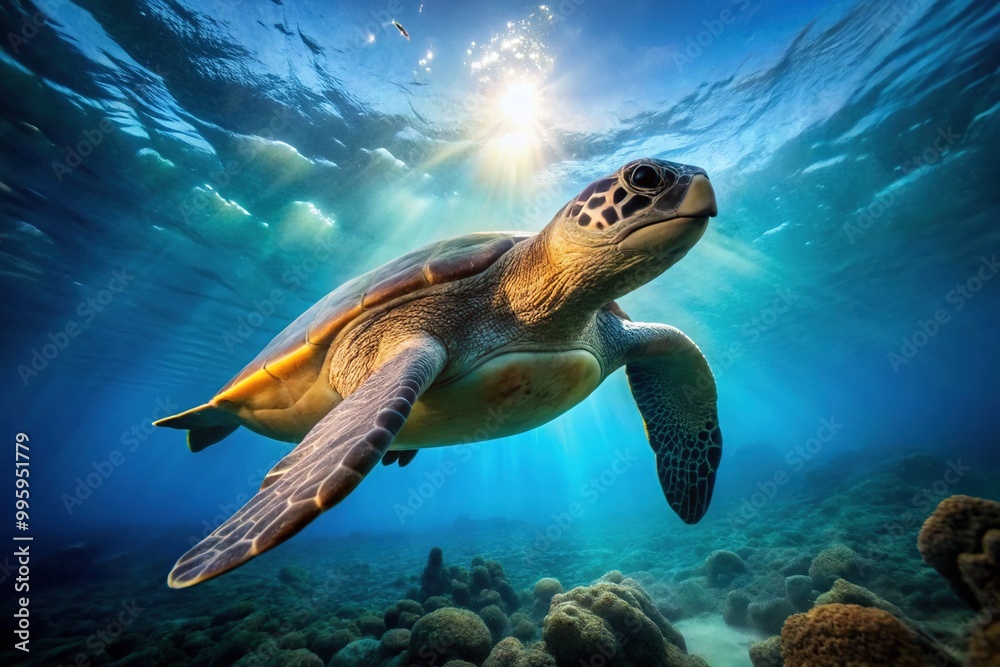 Fototapeta premium A serene olive ridley sea turtle glides effortlessly through the ocean's depths, its elegant flippers leaving gentle ripples in its wake.