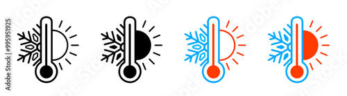 Hot and cold icons. Sun and snowflake all season concept logo. Air temperature symbol. 