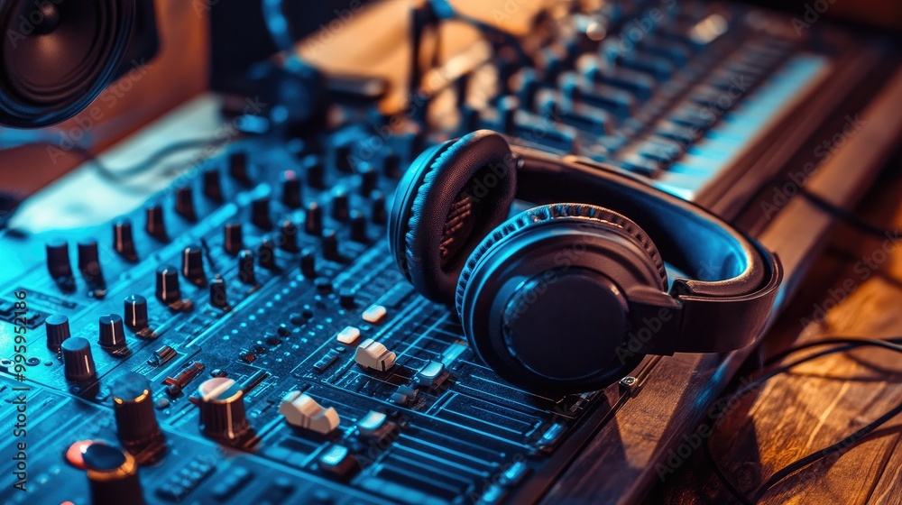 Podcast setup close-up, featuring a detailed view of a mixing console and headphones on a wooden desk. Podcast setup close-up, featuring a detailed view of a mixing console and headphones on a wooden desk.