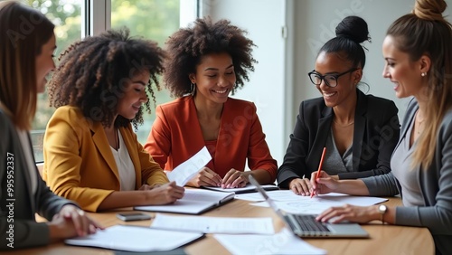 Diverse Women Team Meeting: Multicultural Female Professionals Collaborating on Business Project in Creative Office Environment