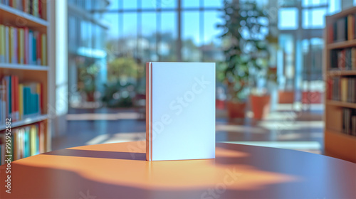 Book cover mockup on table in modern library with large windows and natural light
