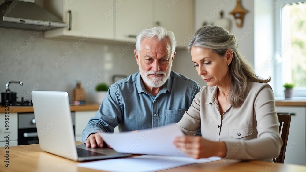 Senior Couple Reviewing Finances: Elderly Spouses Analyzing Financial Documents with Laptop for Retirement Planning at Home Senior Couple Reviewing Finances: Elderly Spouses Analyzing Financial Documents with Laptop for Retirement Planning at Home