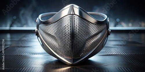 A sleek, modern mask with silver accents and a subtle mesh pattern, resting on a sleek, polished surface, exudes futuristic elegance and high-tech sophistication. photo