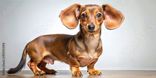 A small, long-bodied dog with a brown and tan coat, erect ears, and big brown eyes, showcasing a mix of Chihuahua and Dachshund features. photo