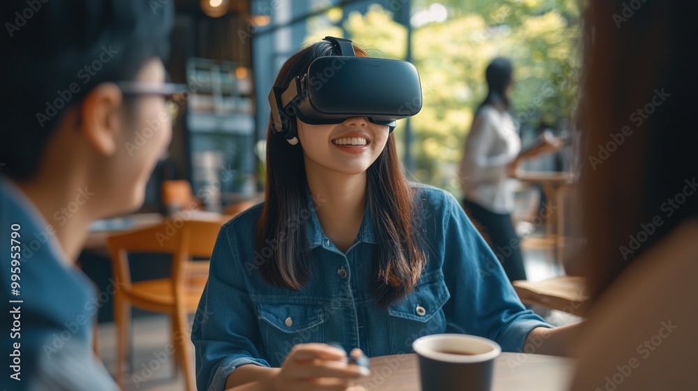 Fototapeta premium A woman wearing a virtual reality headset is smiling at the camera