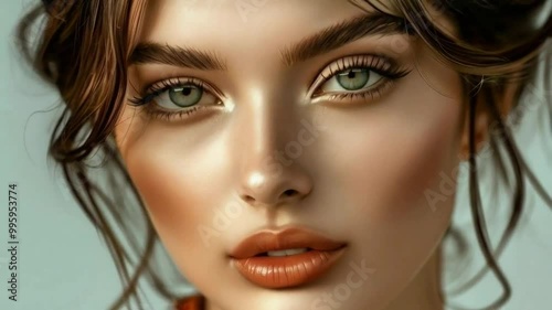 Stylish girl model poses in studio. Close-up face expressive look.