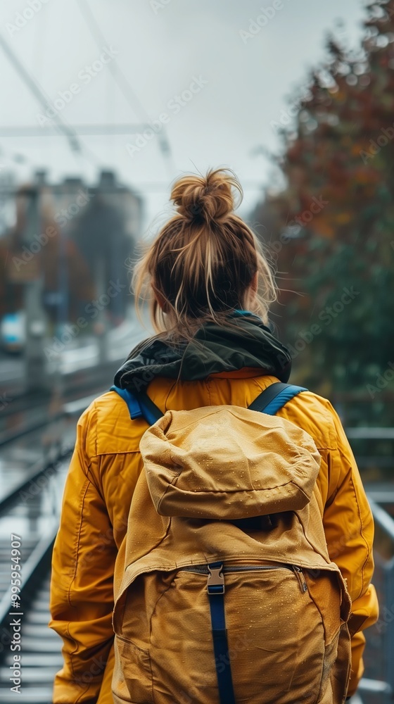 Solo Female Traveler with Backpack on Rainy Day at Train Station – Adventure and Travel Lifestyle Solo Female Traveler with Backpack on Rainy Day at Train Station – Adventure and Travel Lifestyle