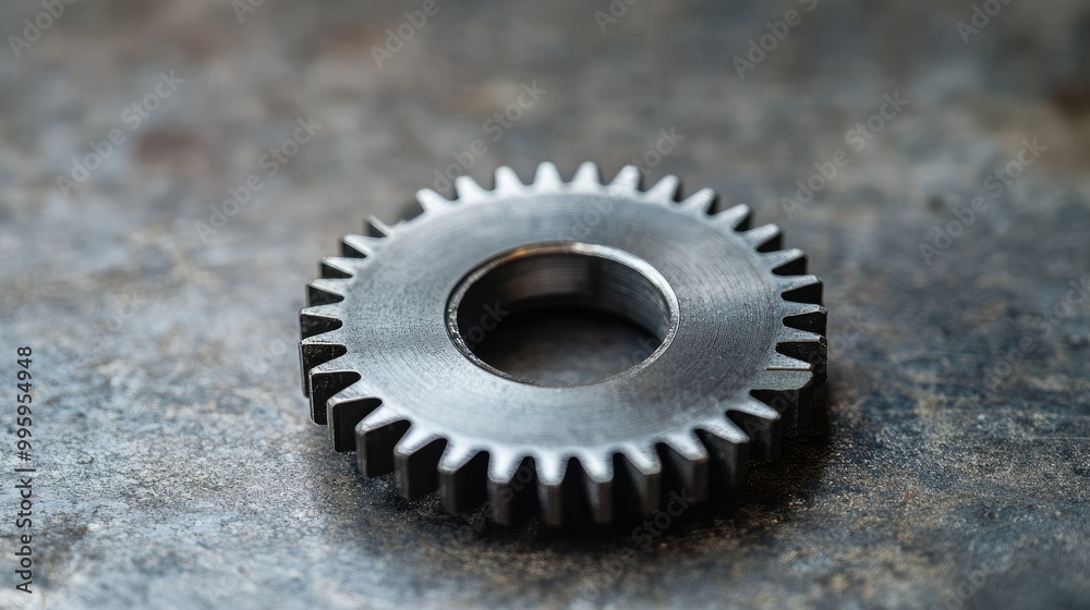 Solitary metal gear in focus, representing productivity, precision, and effective process management in a mechanical setting Solitary metal gear in focus, representing productivity, precision, and effective process management in a mechanical setting